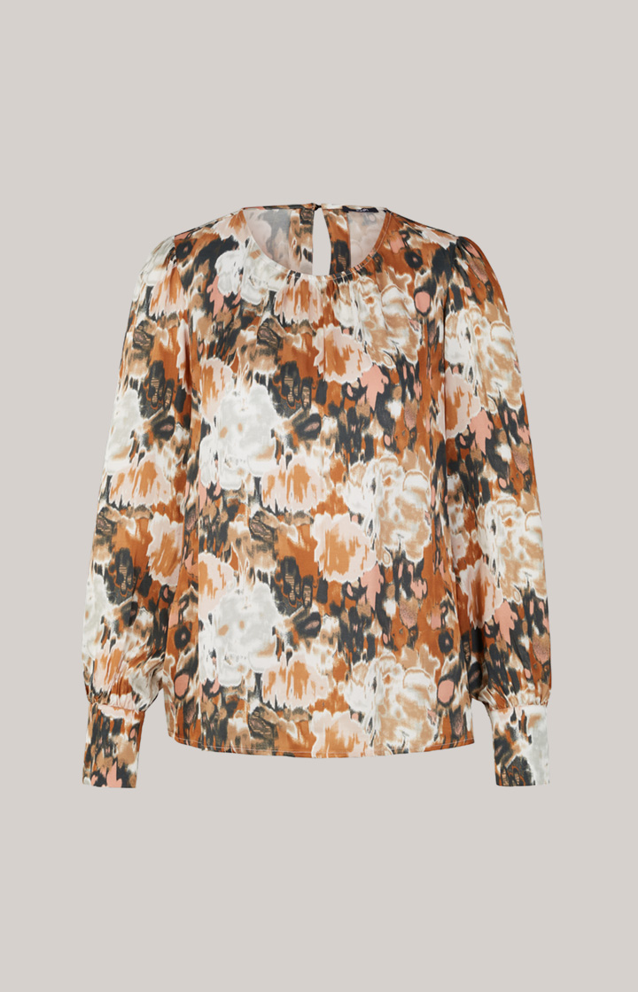 Satin-Langarm-Bluse in Braun/Schwarz/Ecru gemustert