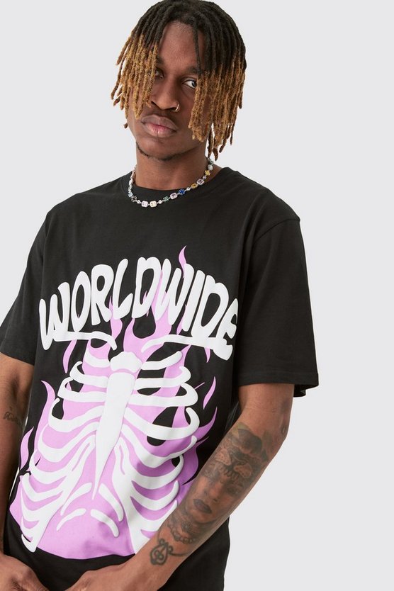 Tall schwarzes T-Shirt mit Worldwide Skelett-Print