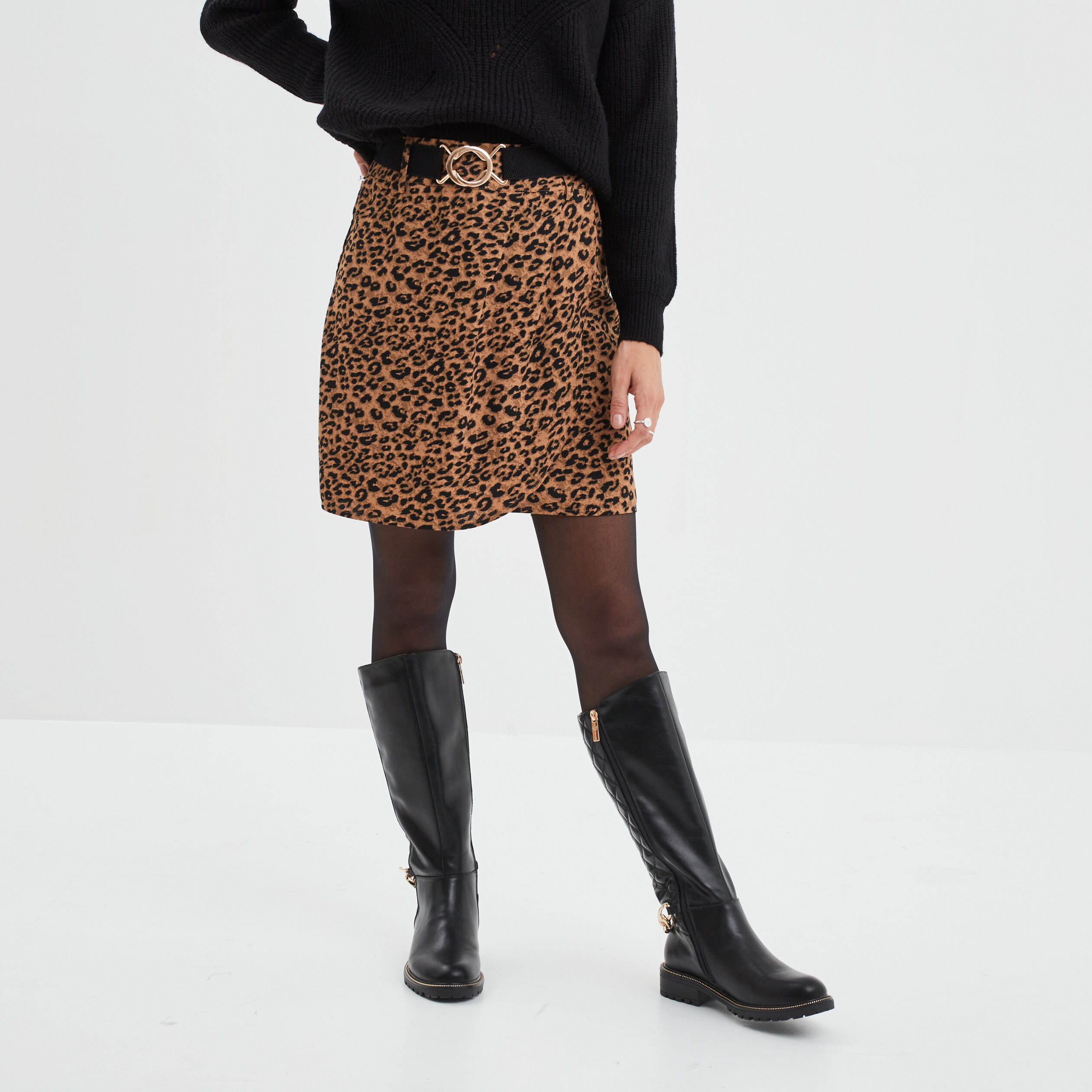 Jupe courte satin portefeuille ceinturée beige femme | La Halle