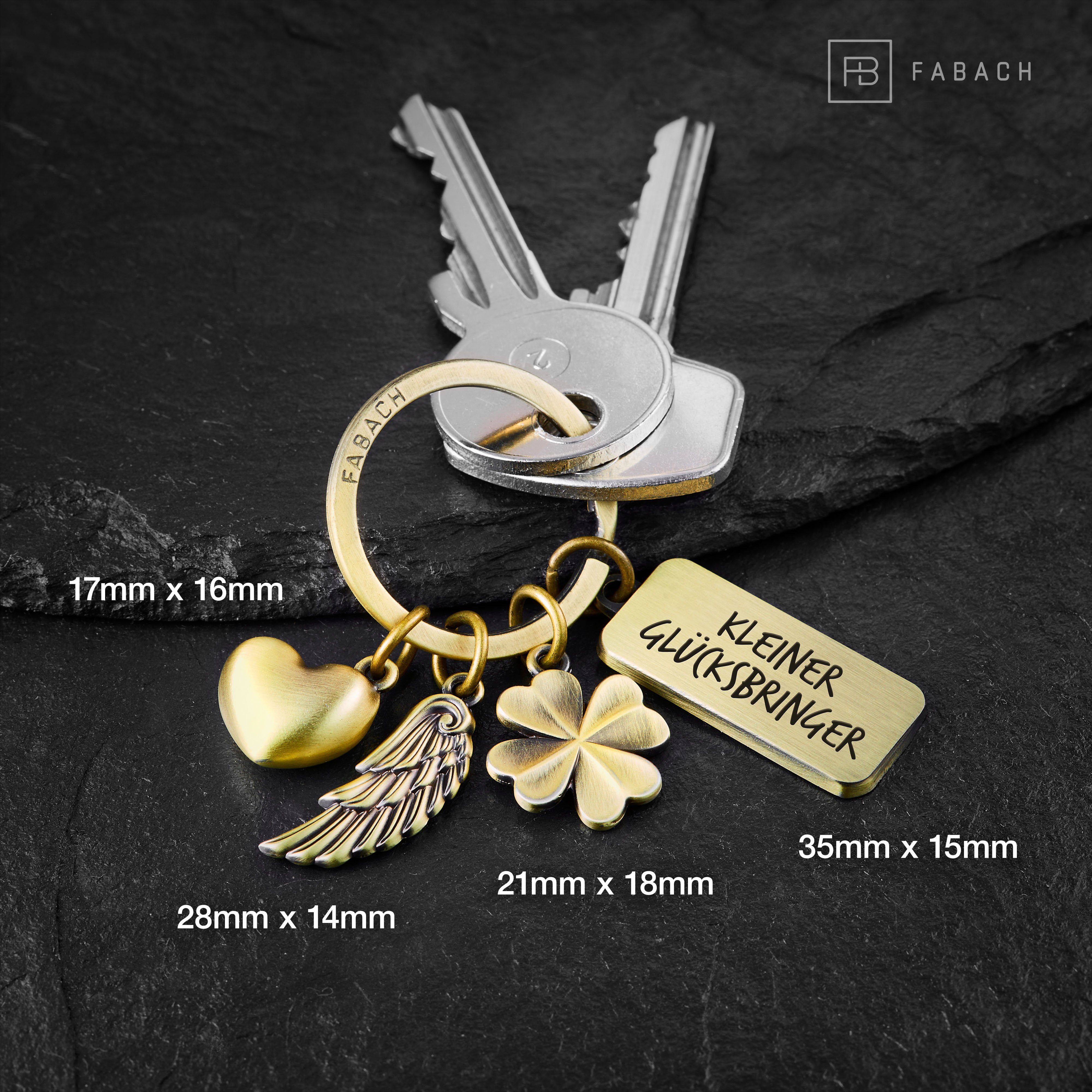 FABACH Schlüsselanhänger 3 Charms mit Gravur - Kleiner Glücksbringer - Schutzengel Geschenk