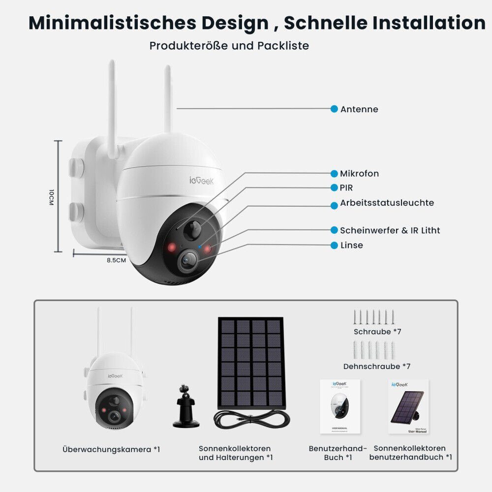 ieGeek 5MP 2K Überwachungskamera Aussen Akku, PTZ WLAN mit 32GB SD Karte Überwachungskamera (Außen, Aussen, Außenbereic, Innenbereich, 2.4GHZ WiFi WLAN mit Solarpanel,4DBi WLAN-Antenne,Alexa Kamera, PIR-Bewegungsmelder, 30M Farbige Nachtsicht, Zwei-W
