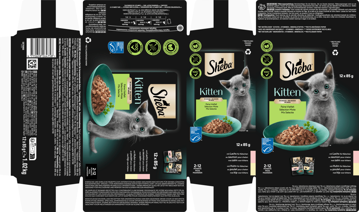 Nassfutter Katze Kitten mit Lachs & Huhn, feine Vielfalt in Sauce, Junior Multipack (12x85 g), 1,02 kg