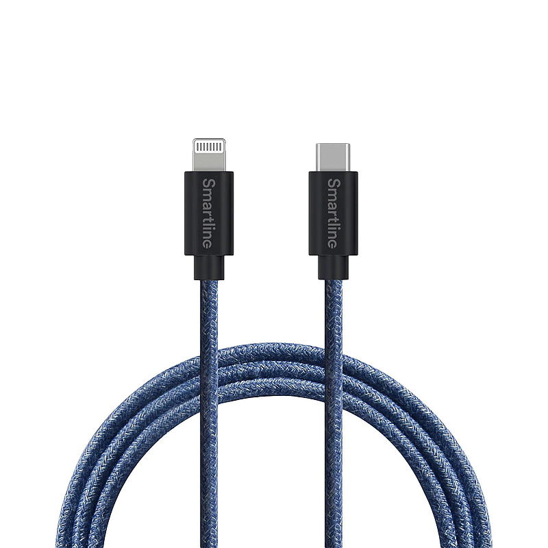 Smartline Ladekabel 2 m USB-C til lightning blå Fuzzy