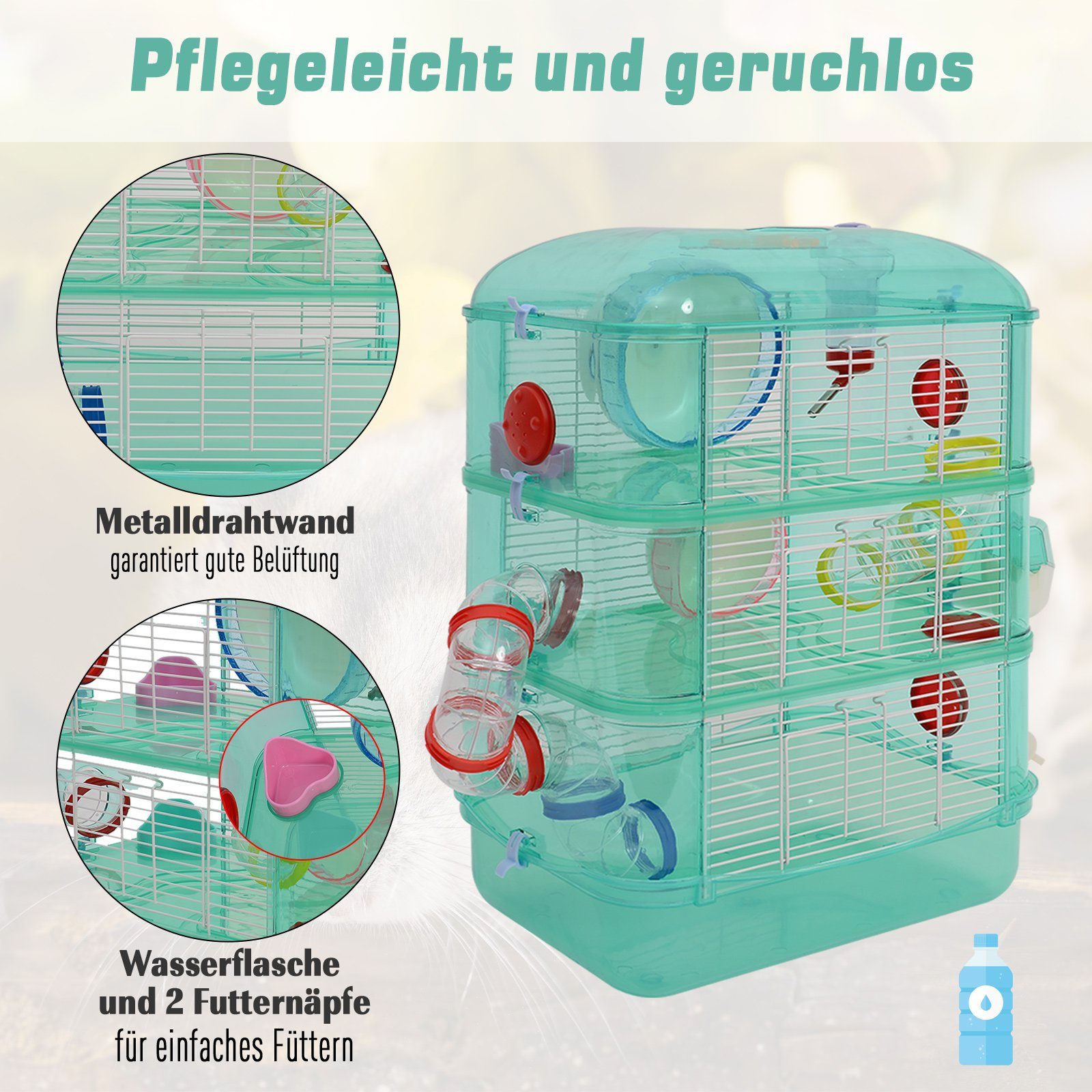 PawHut Kleintierkäfig, Kleintierkäfig Laufrad Futternapf Trinkflasche Grün, 40,5 x 28 x 55 cm