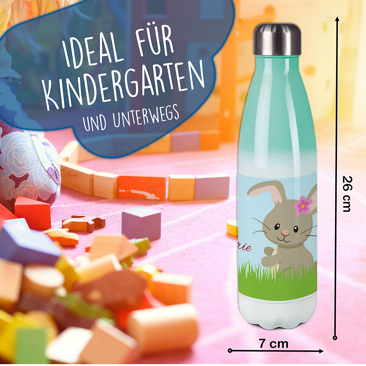 Edelstahl Kinder Thermoflasche / Trinkflasche bunt Hase Spülmaschinenfest, Auslaufsicher, Bruchfest, Doppelwandig, Für Heißgetränke geeignet, Mit Deckel, Isoliert