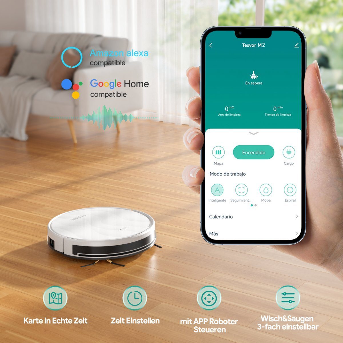 Tesvor Saugroboter M2 Roboter staubsauger 6000pa mit wischfunktion 5200mAh, 25 W, Mit Staubbox beutellos,6000Pa