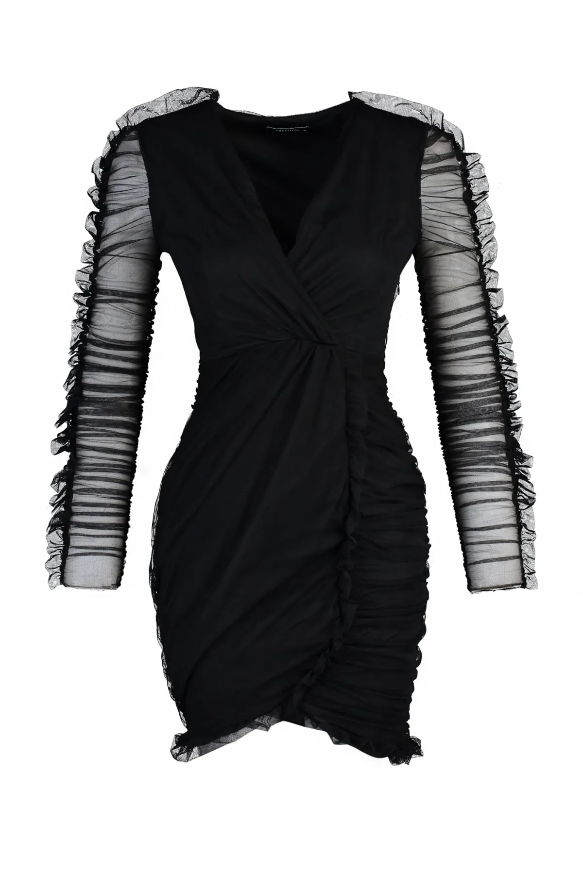 Trendyol Collection  Elegantes Abendkleid aus schwarzem, drapiertem Tüll in Wickeloptik TPRSS21EL0004