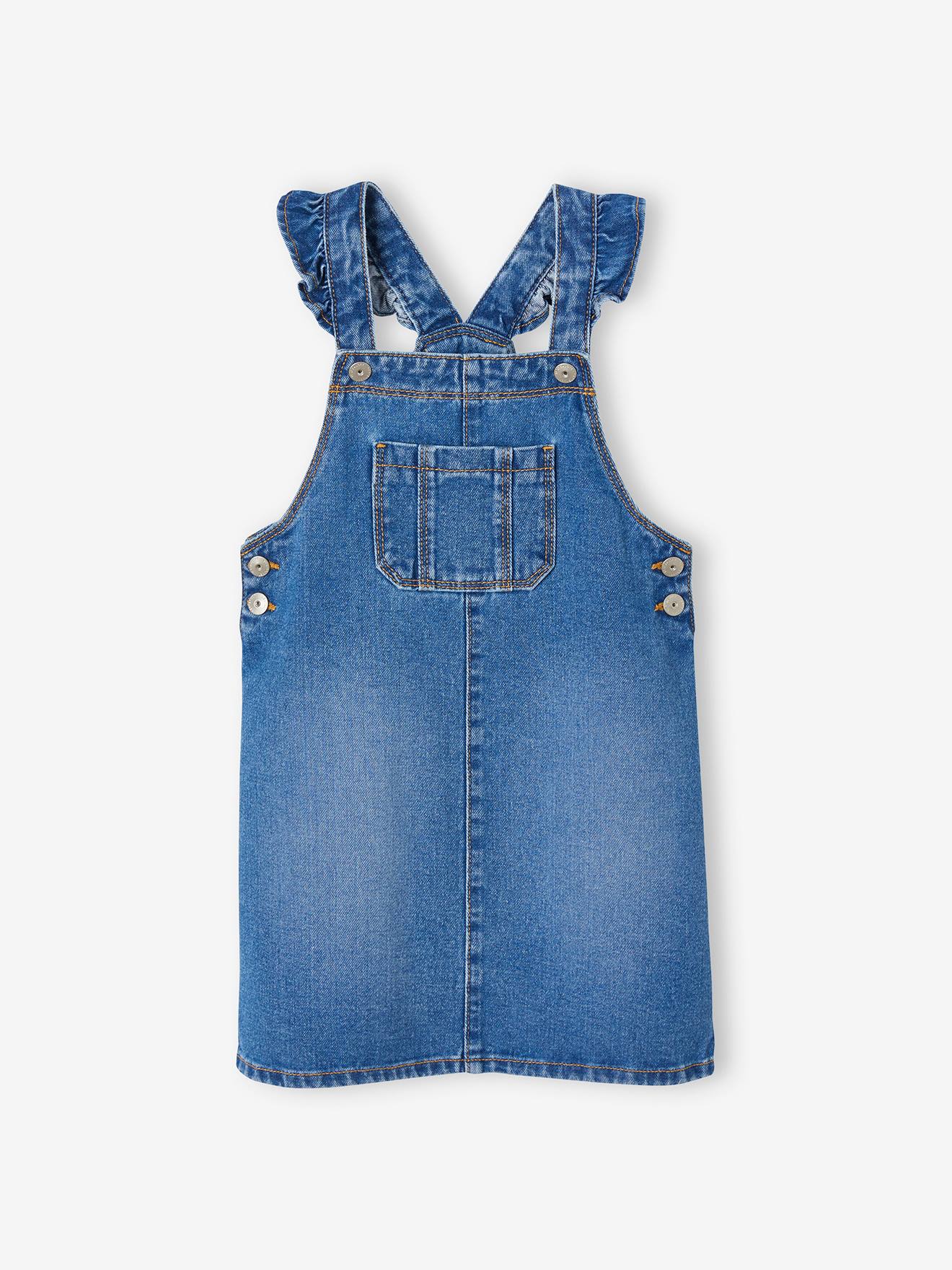Robe-salopette en jean fille bretelles à volants stone