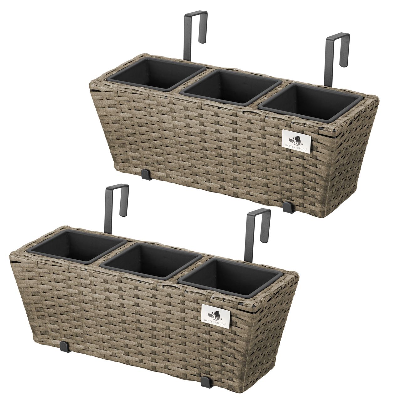 Weles Polyrattan Balkonkasten 2 Stück inkl. Aufhängung, 47 x 17 x 15 cm, 3er Kunststoffeinsatz, cappuccino