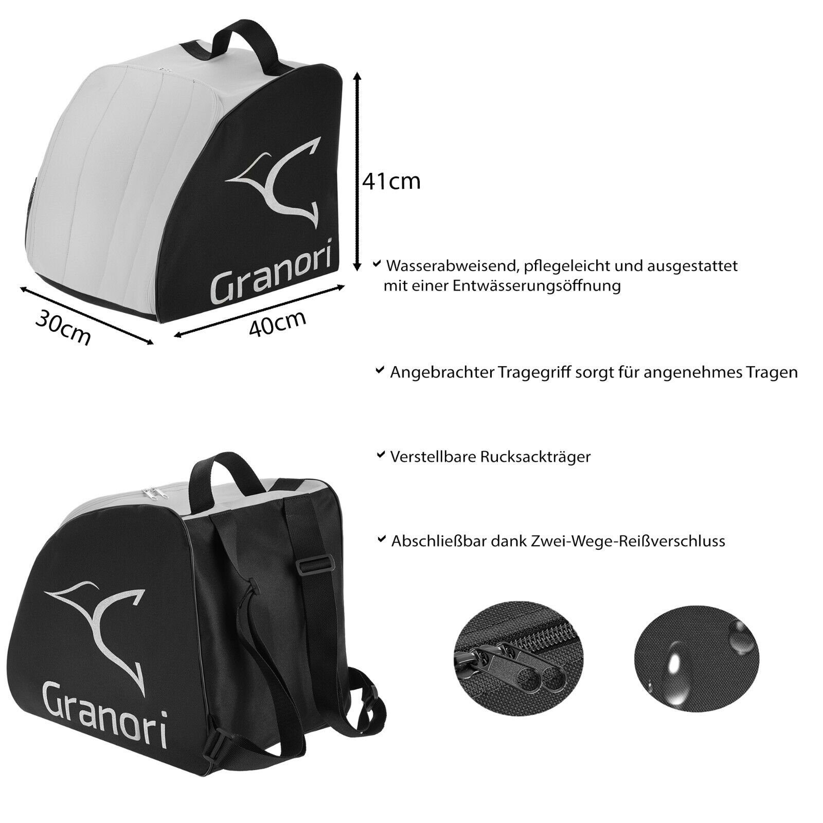 Granori Skirucksack Skischuhtasche für Skistiefel und Helm (gepolstert und abschließbar), mit Entwässerungsöffnung und Außenfach