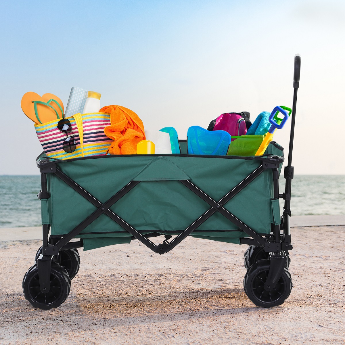 Outsunny Bollerwagen Faltbarer Handwagen 360° Gartenwagen Transportwagen mit Teleskop Griff Verstellbarer Griffhöhe Strandwagen bis 20 kg Tragkraft Metall Oxford Grün 108 x 53 x 59-89 cm