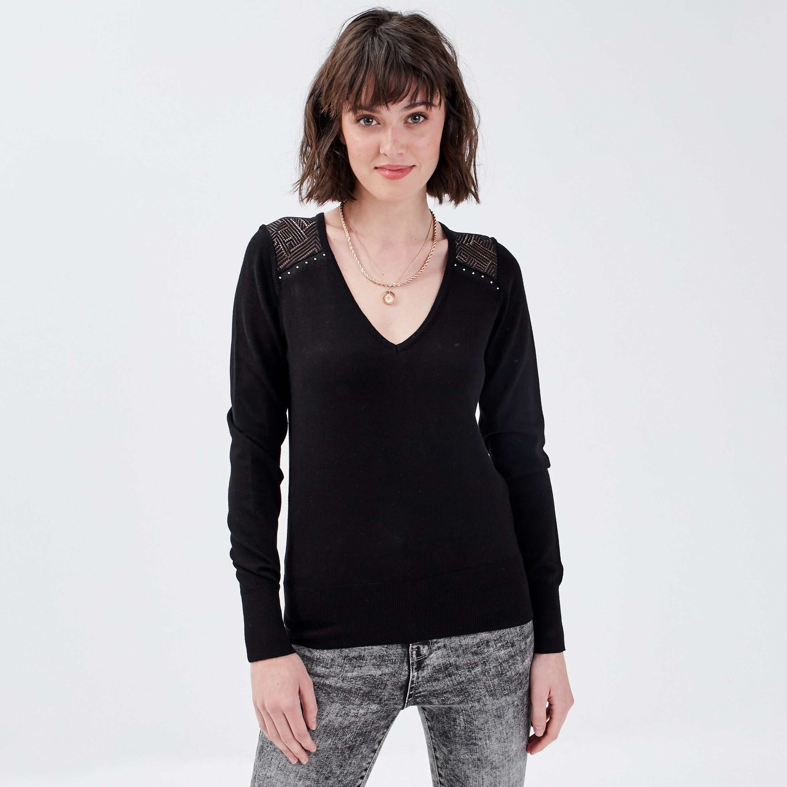 Pull avec dentelle noir femme | Cache Cache