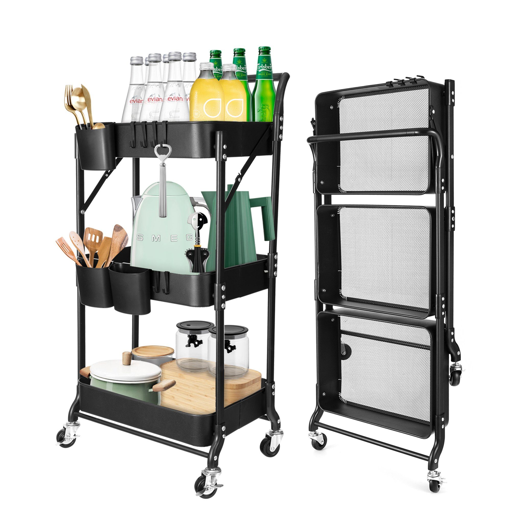 HomeGuru Beistellwagen 3 Etagen, klappbar Servierwagen, Metall-Stauraumwagen, Küchenwagen, (1 St., Packung)