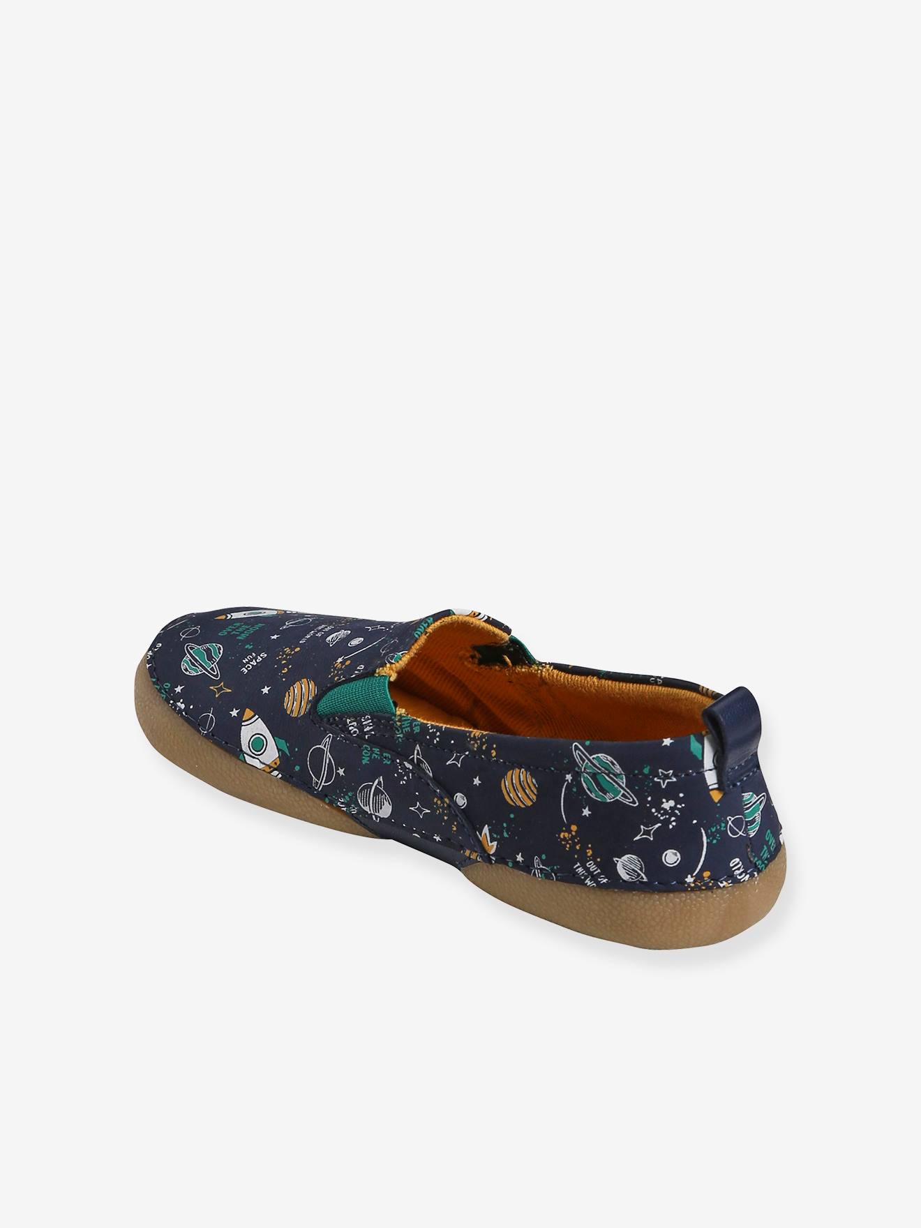 Chaussons élastiqués garçon en cuir marine imprimé