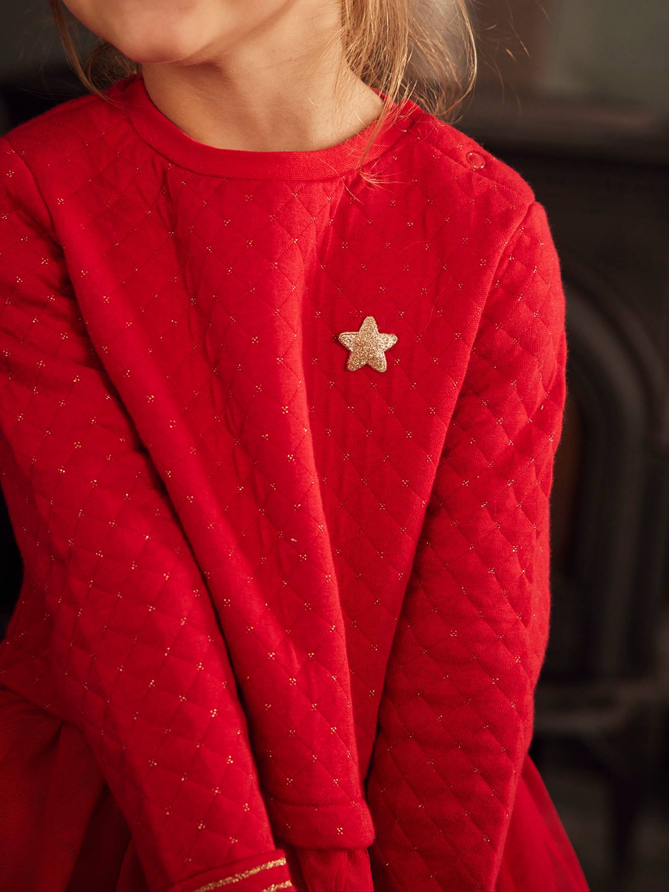 Robe de Noël fille bi-matière rouge brique