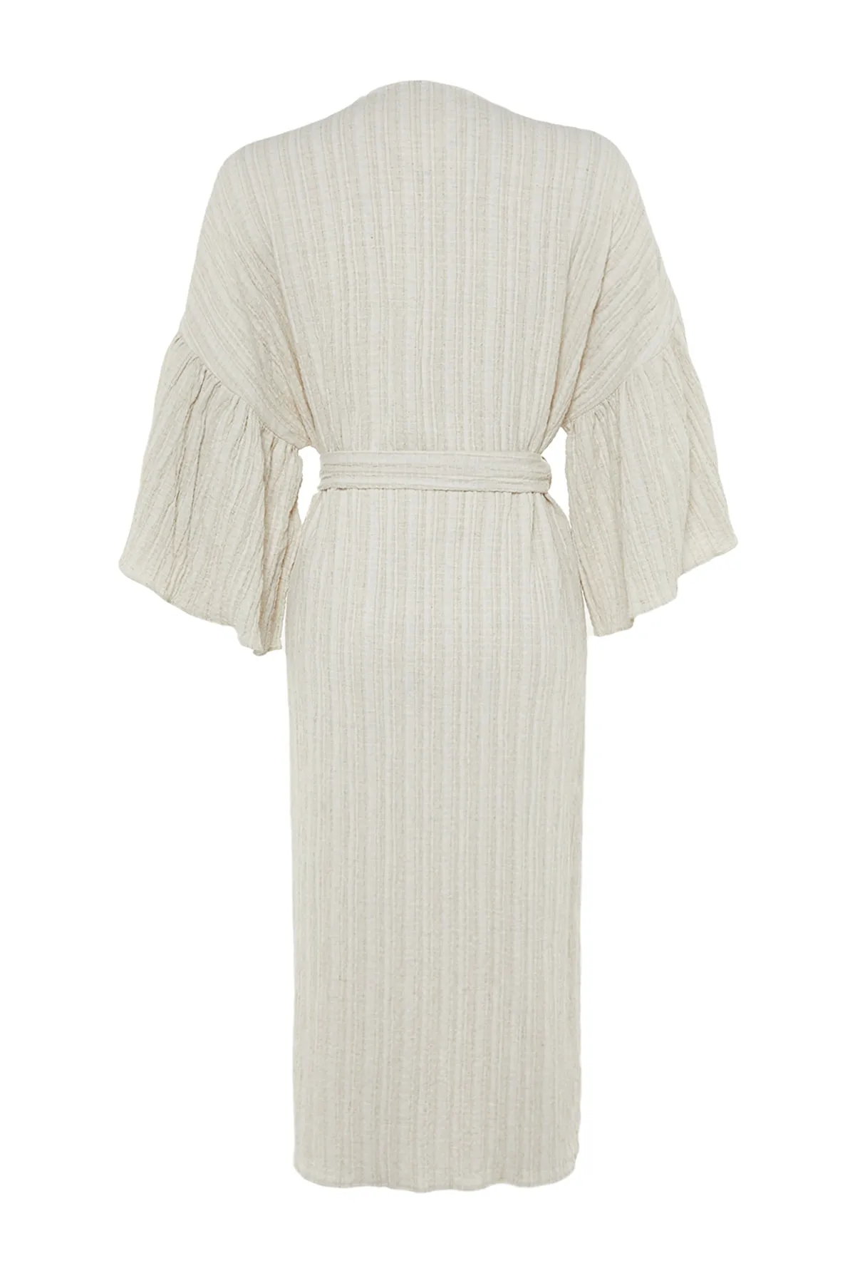 Trendyol Collection  Ecrufarbener Maxi-Kimono und Kaftan aus gewebtem Volant aus Leinenmischung mit Gürtel TBESS23KM00028