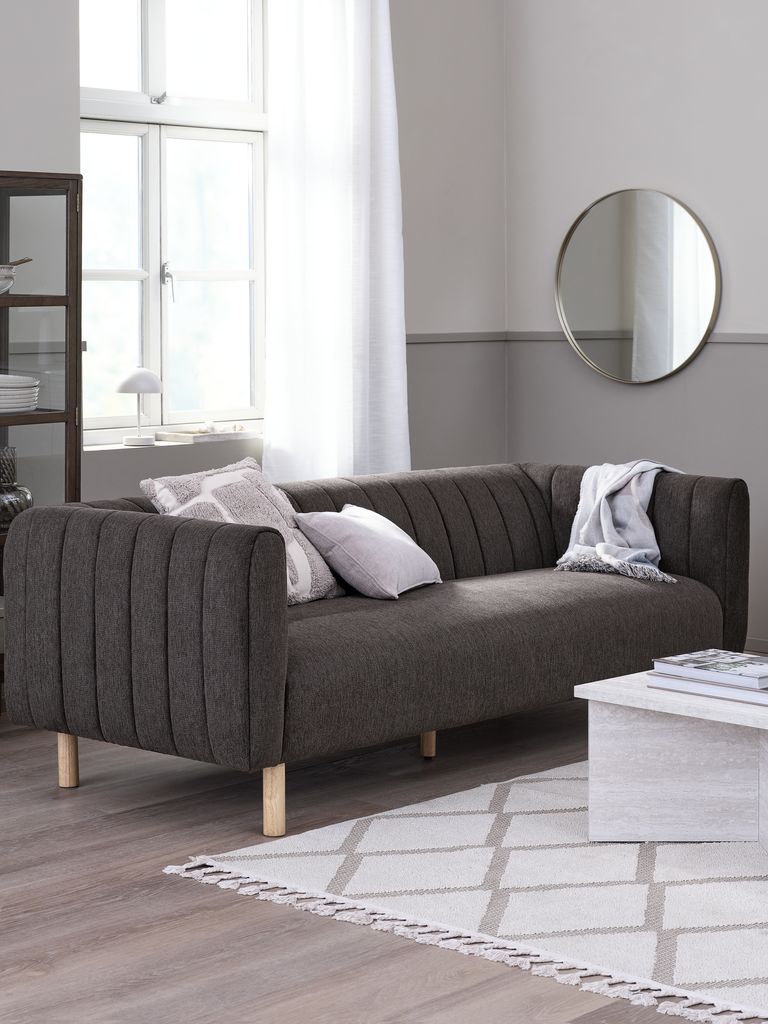 Sofa MAGLEBY 3-osobowa, tkanina ciemnobrązowa/kolor dębu