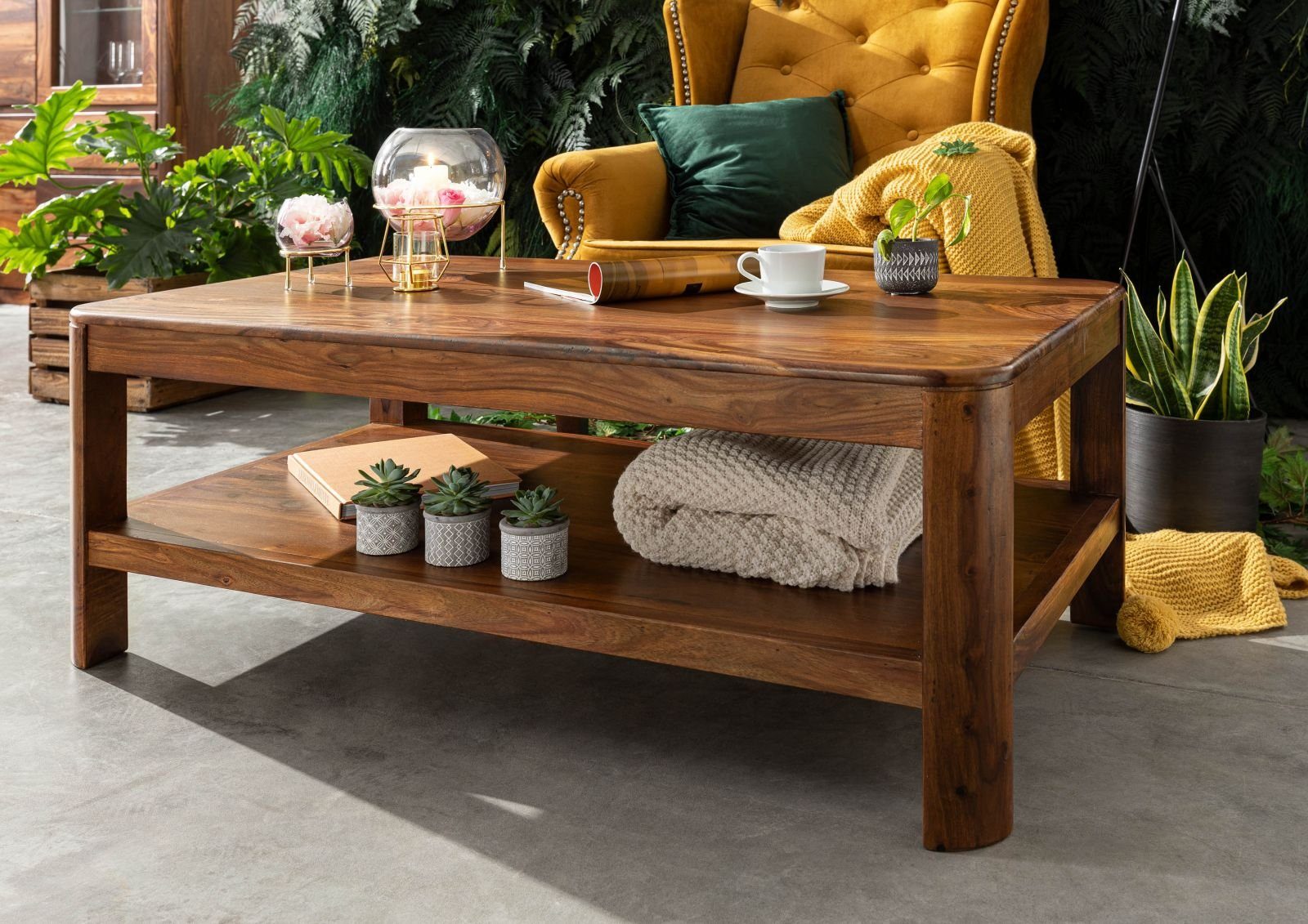 Massivmoebel24 Couchtisch TORONTO (120x70x45 Sheesham / Akazie montiert, Couchtisch mit abgerundeten Kanten im modernen Stil)