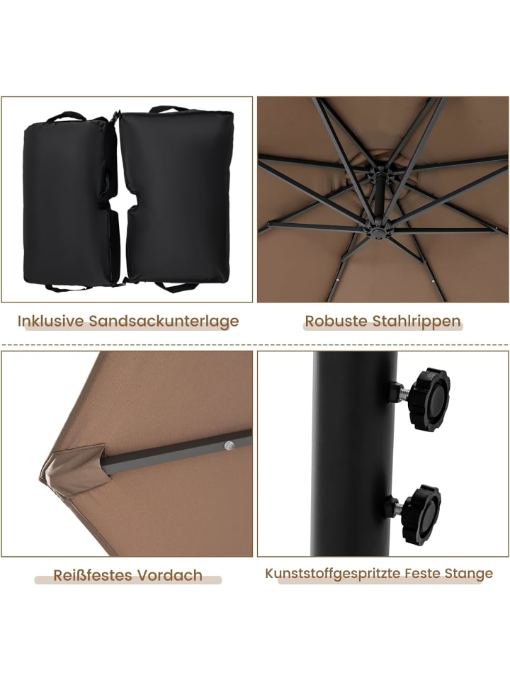 COSTWAY 300cm Ampelschirm mit LED & Sandsäcke in Braun günstig kaufen onesize