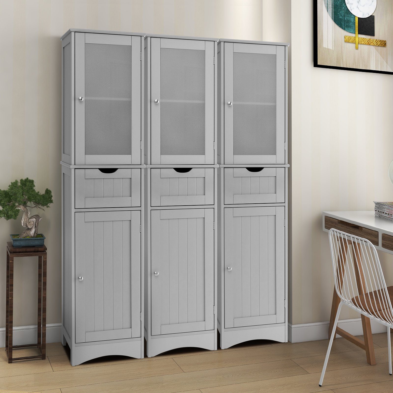 COSTWAY Hochschrank Bad, mit Schublade, 4 Fächern & Glastür, schmal, Holz, 170cm