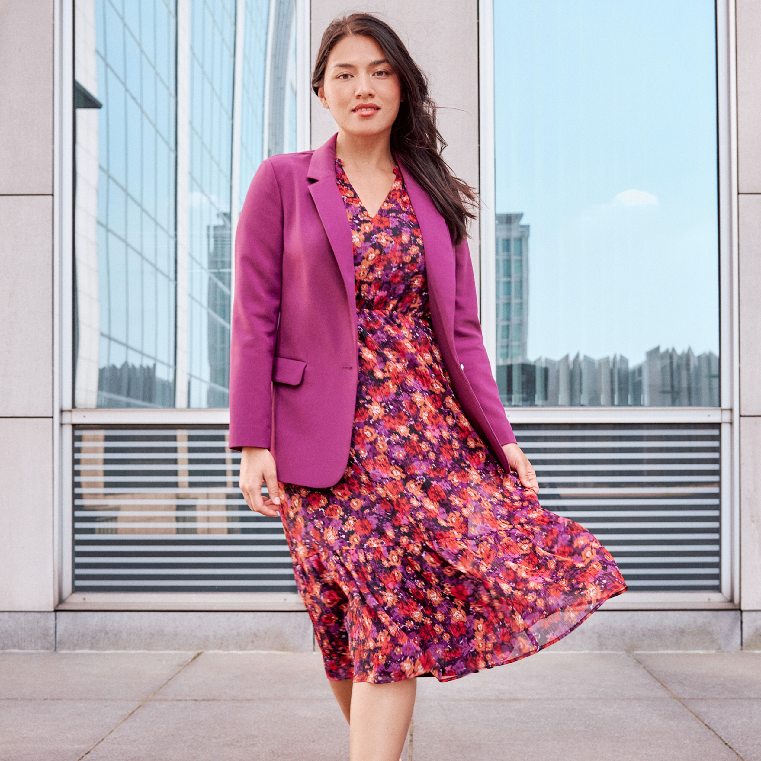 Robe longue évasée volantée rose fushia femme | Cache Cache