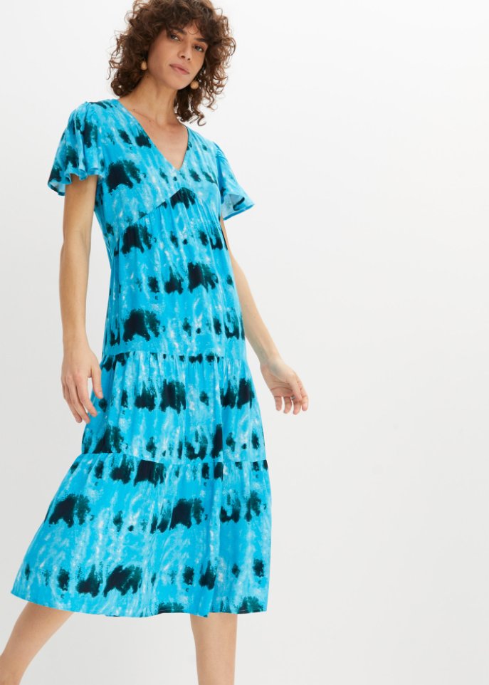 Knieumspielendes Jerseykleid mit Flügelärmeln, Volants und Taschen