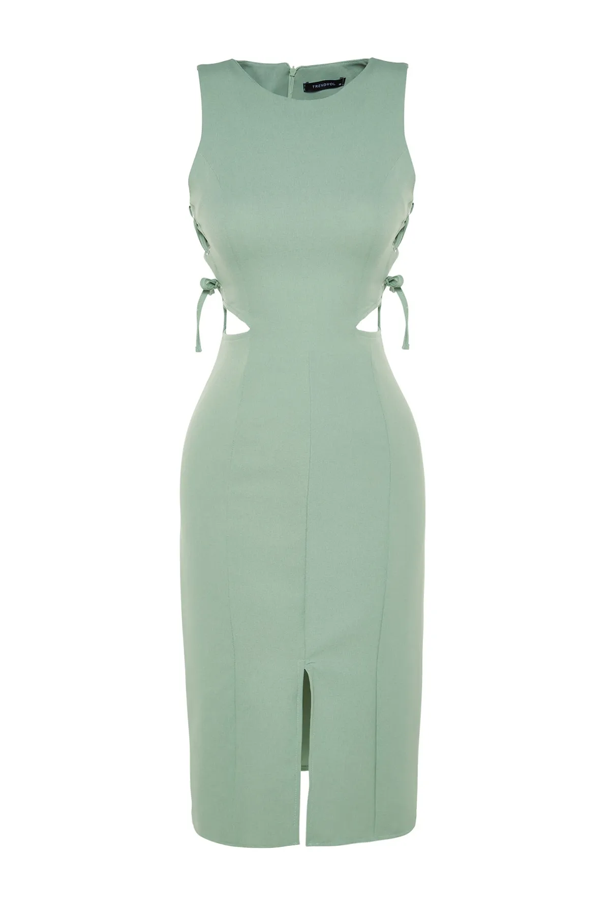 Trendyol Collection  Mintgrünes, detailliertes, ärmelloses, figurbetontes Midi-Webkleid mit Ausschnitten TWOSS23EL02043