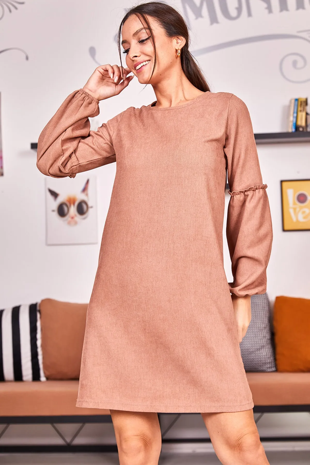 armonika  Damen-Ballon-Samtkleid mit Nerzärmeln ARM-20K001107