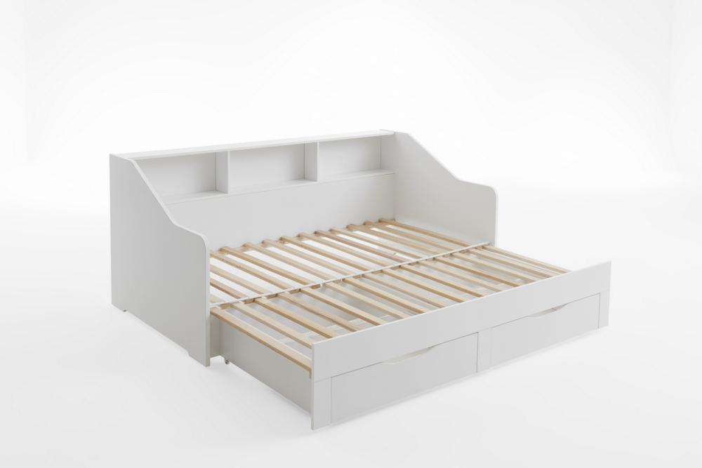Relita Funktionsbett RENE von 90 auf 180 x 200 cm ausziehbar, mit 2 Schubladen & Regal, weiß