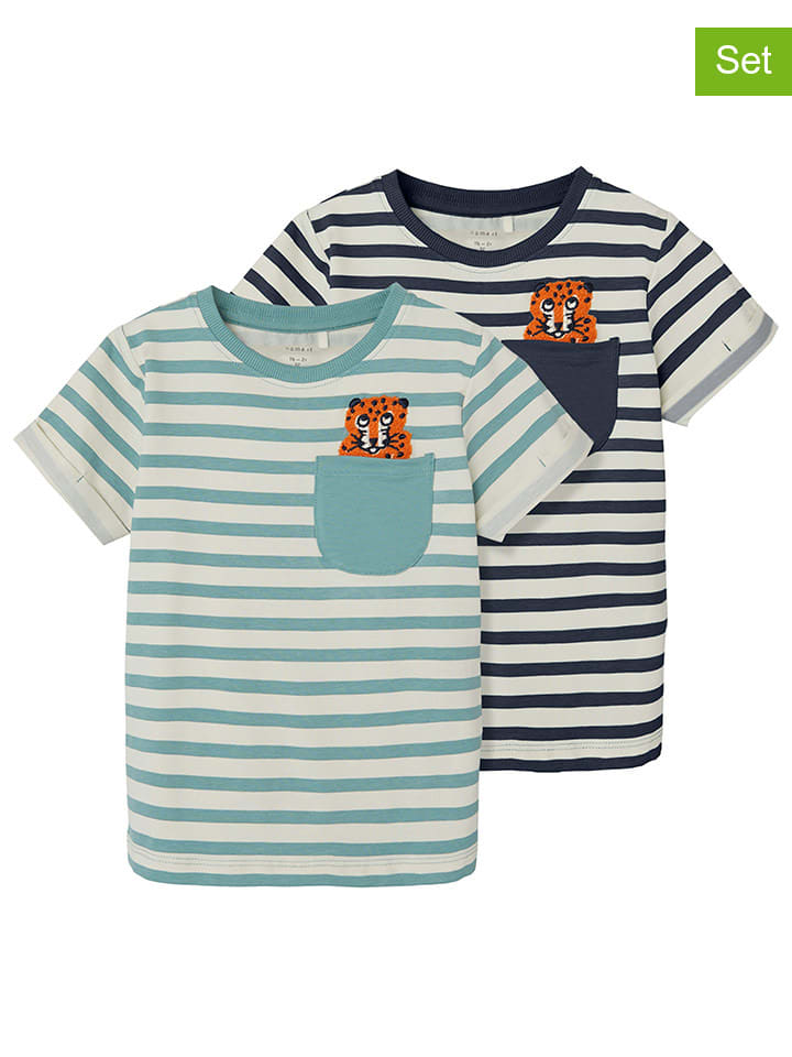 name it 2er-Set: Shirts in Dunkelblau/ Türkis/ Weiß günstig kaufen