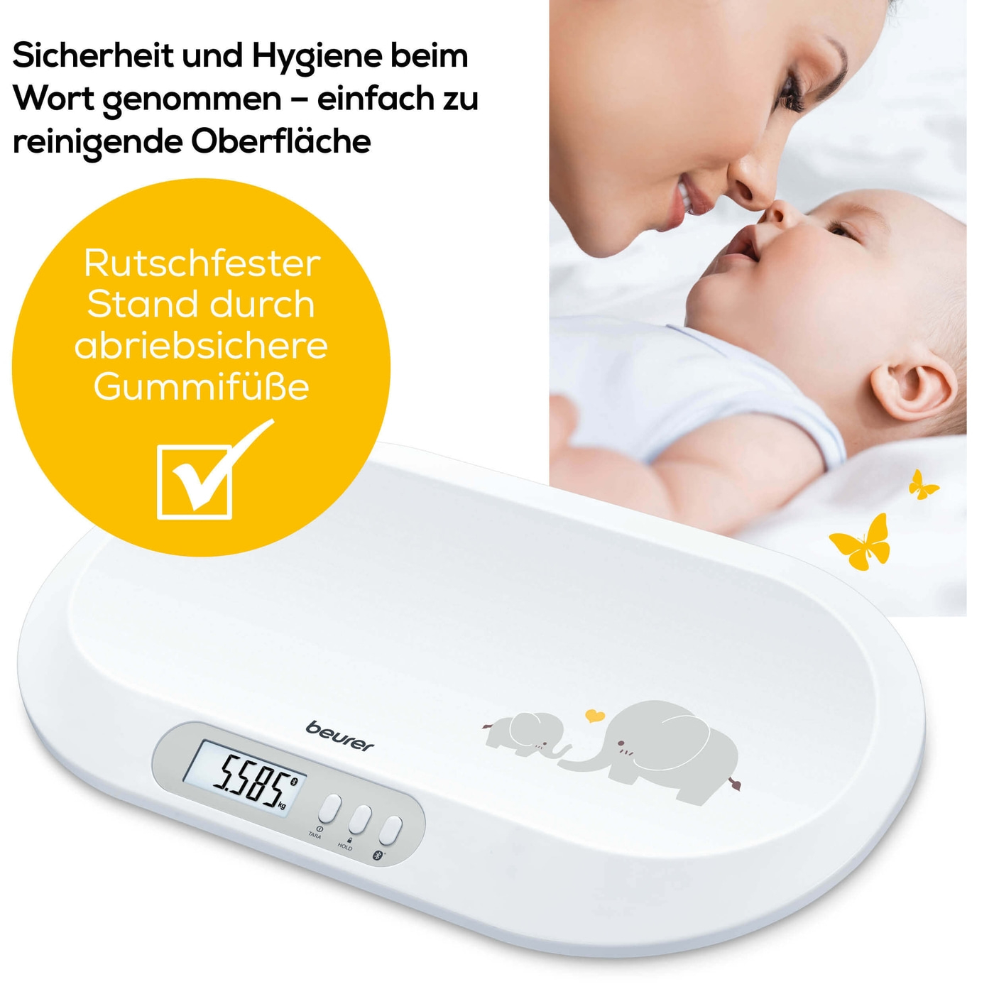 Beurer Babywaage BY 90-Babywaage mit Hold-Funktion für genaues Wiegen trotz Bewegungen & App-Anbindung