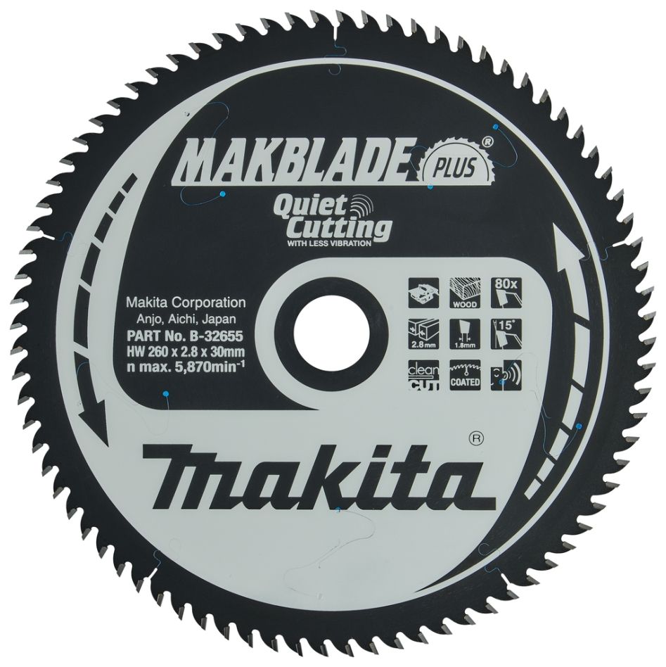 Makita Zubehör B-32655 Makblade-Plus 260x30x2,8 80T 15g Tischkreissägeblatt für Holz