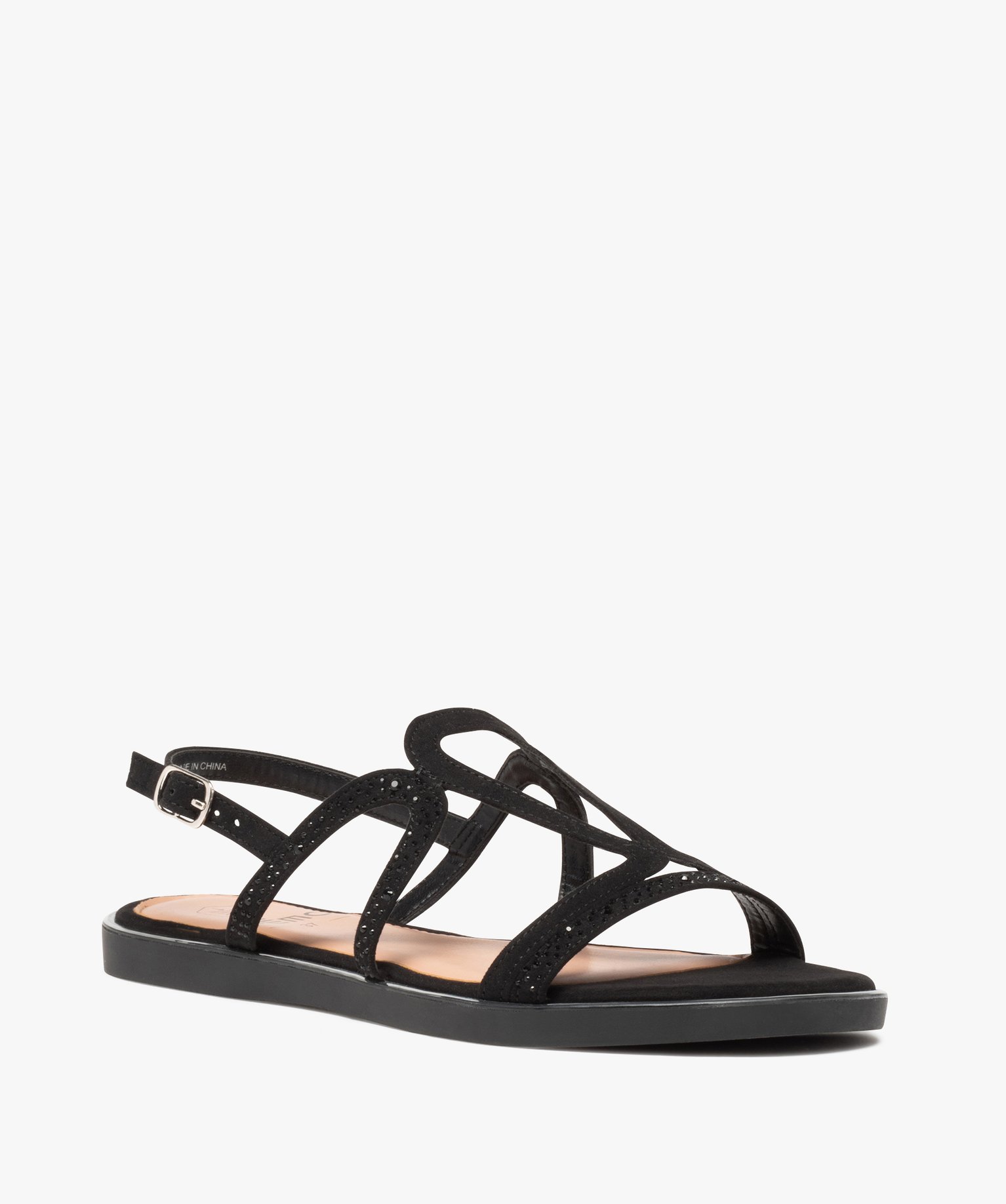 Sandales femme à talon plat en suédine unie détails strass noir | GEMO