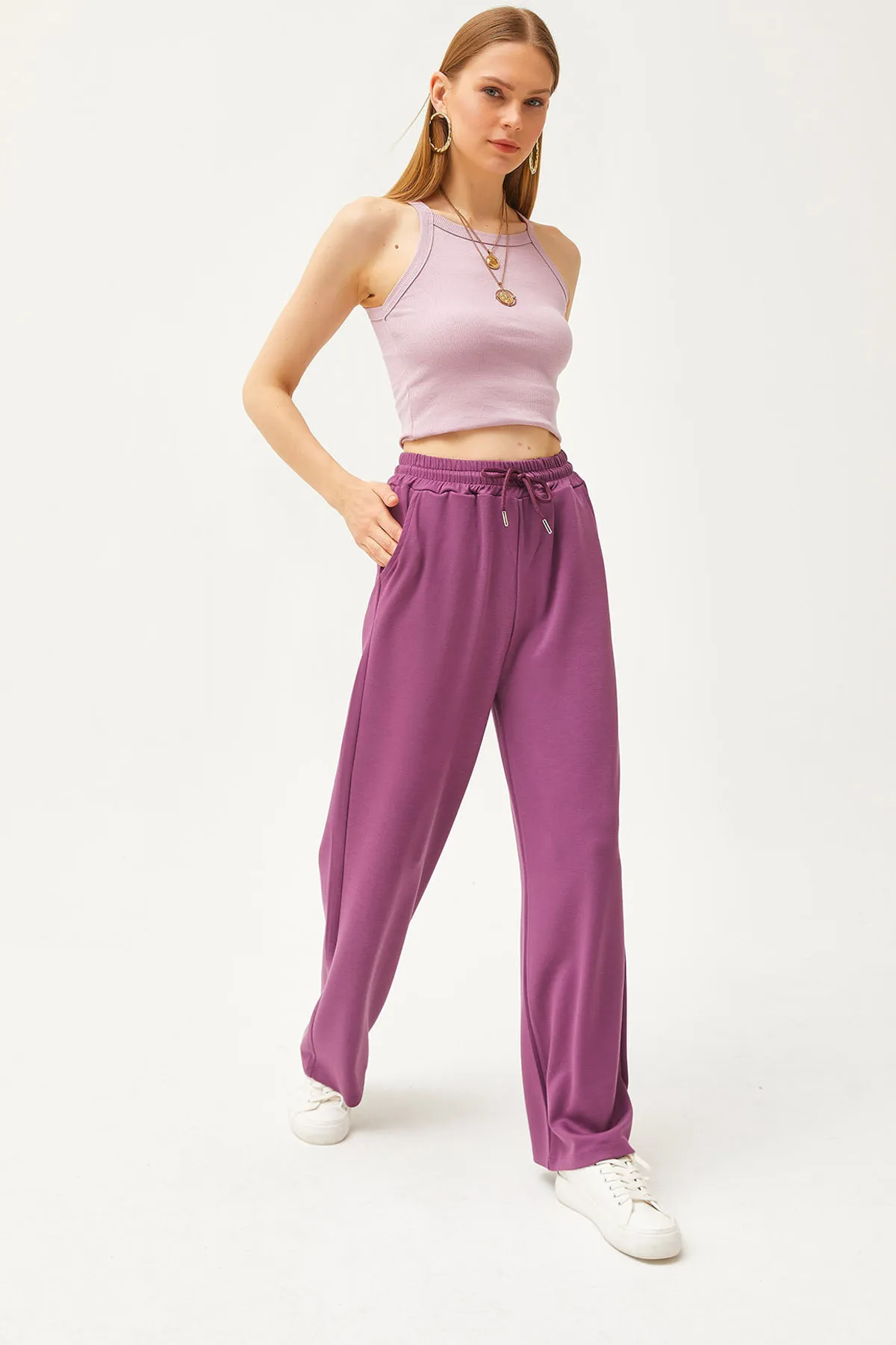 Olalook  Damen-Palazzo-Jogginghose aus weichem, strukturiertem Modal in Lila mit Taschen EŞF-00000068