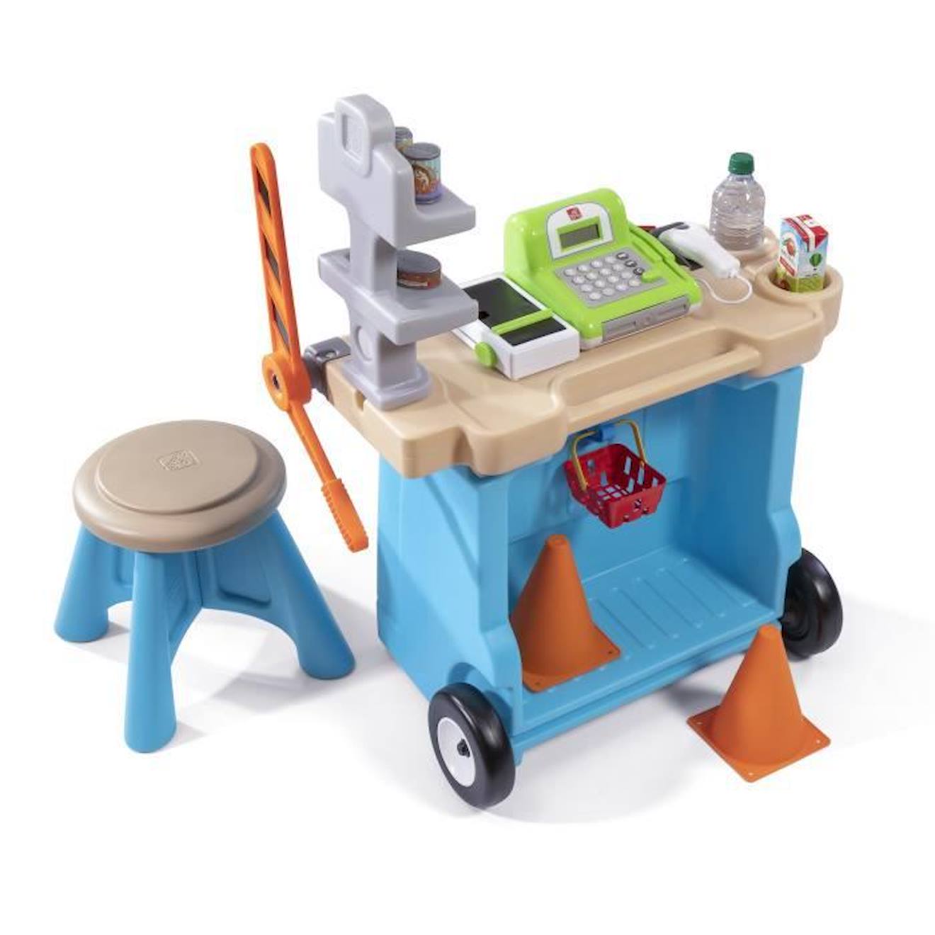 Step2 Stop & Go Marchande Enfant avec accessoires | Supermarché / Stand de Vente / Epicerie pour enfants avec Station-Service bleu