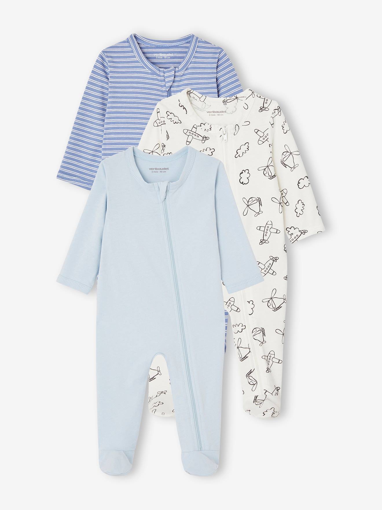 Vertbaudet 3er-Pack Baby Strampler mit Reißverschluss BASICS - blau chambray