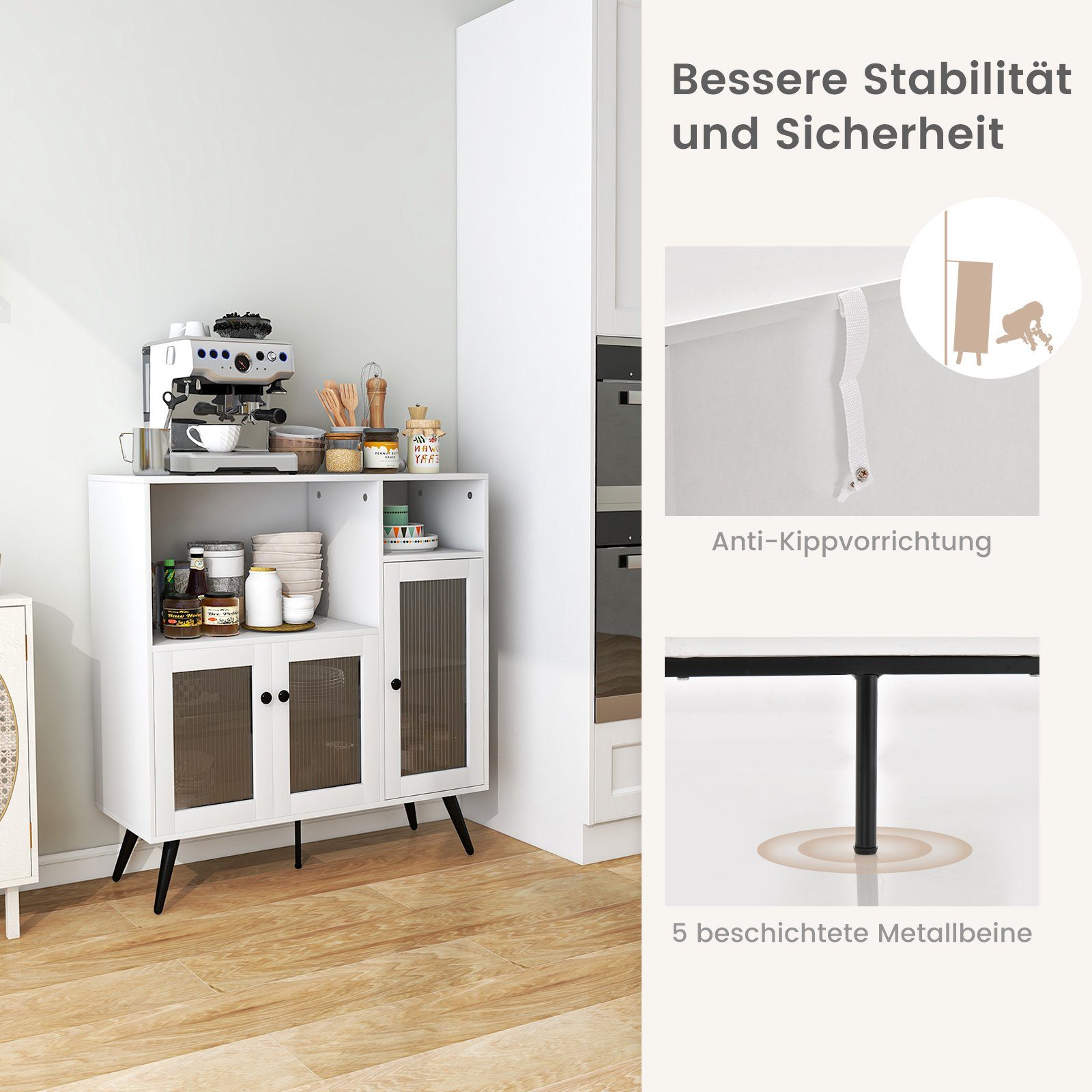 COSTWAY Küchenbuffet mit Glastüren & Fächern, Kippschutz, 100x39,5x100cm