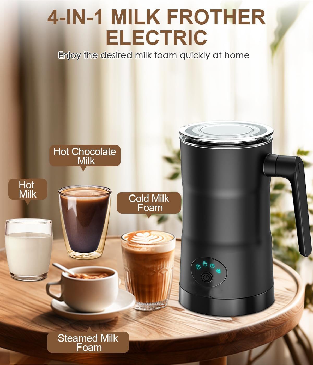 YUHRO Milchaufschäumer Elektrischer Milchaufschäumer, 4-in-1, erhitzt Milch, bietet Schaum., Antihaftbeschichtung, automatisch, für Milch, Kaffee, Schokolade.