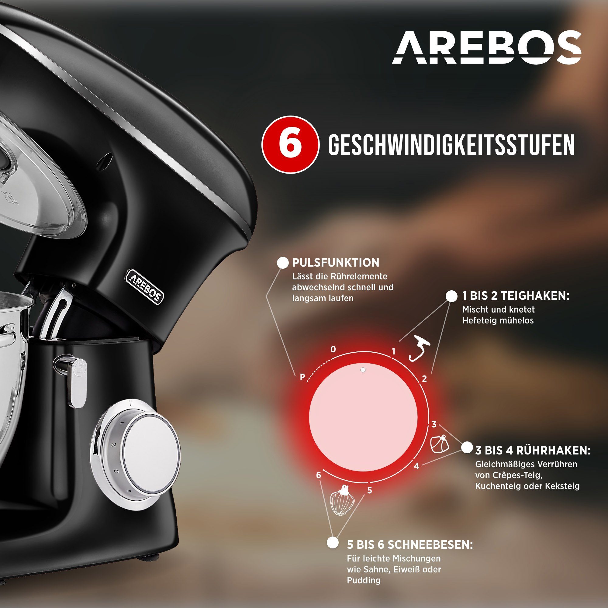 Arebos Küchenmaschine Edelstahl-Rührschüssel, 6 Geschwindigkeiten, 1500 W, 8,00 l Schüssel