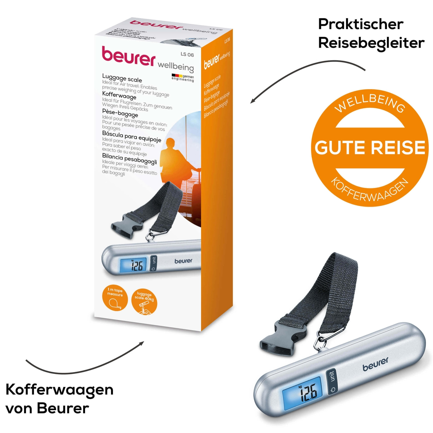 Beurer Kofferwaage - LS 06-Kofferwaage mit Hold-Funktion & praktischem Maßband - bis 40 kg