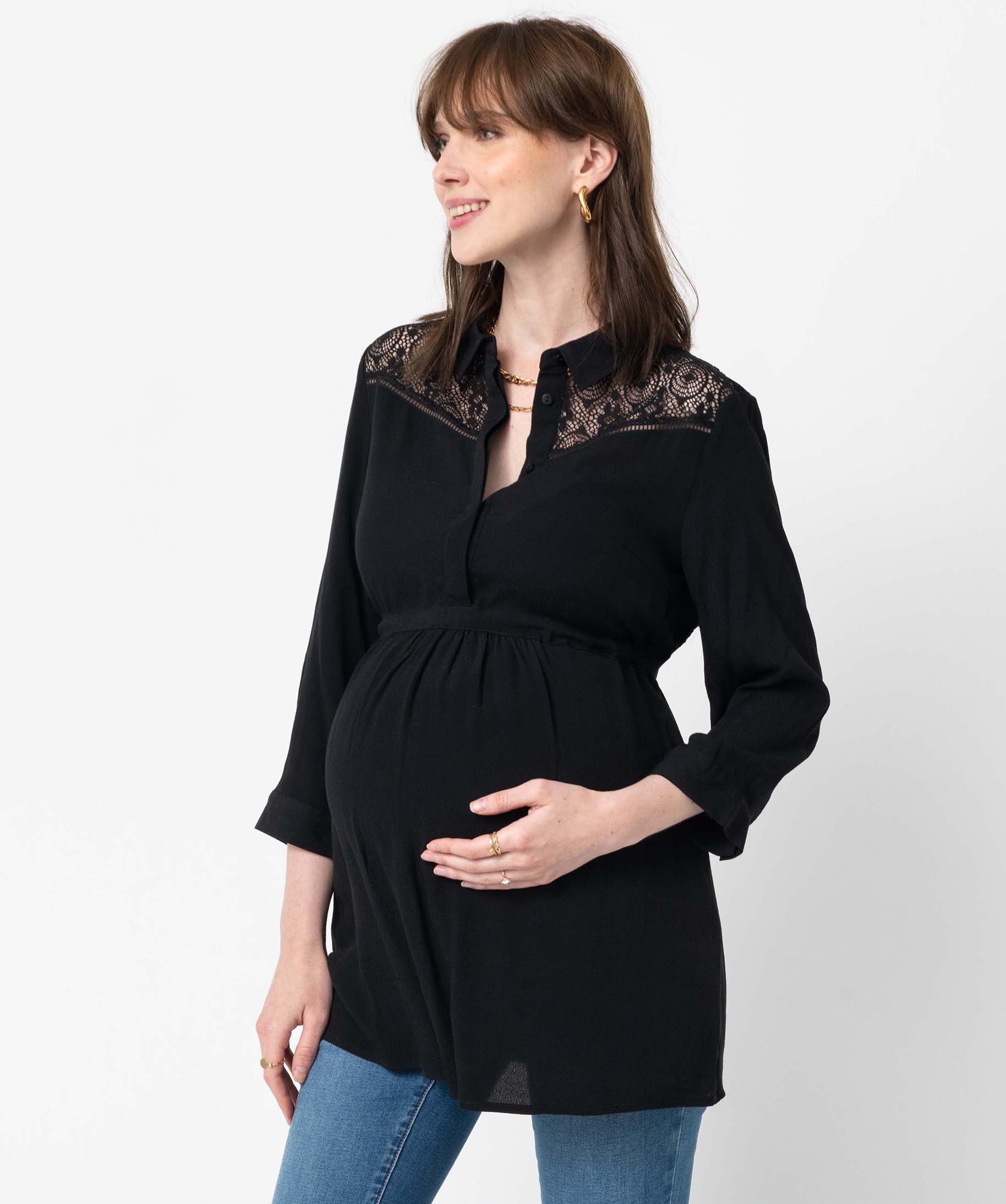 Blouse de grossesse fluide avec dentelle à manches noir | GEMO
