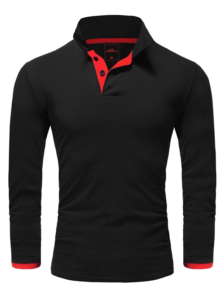Amaci&Sons Langarm Kontrast Poloshirt CHARLOTTE in Schwarz/Rot günstig kaufen