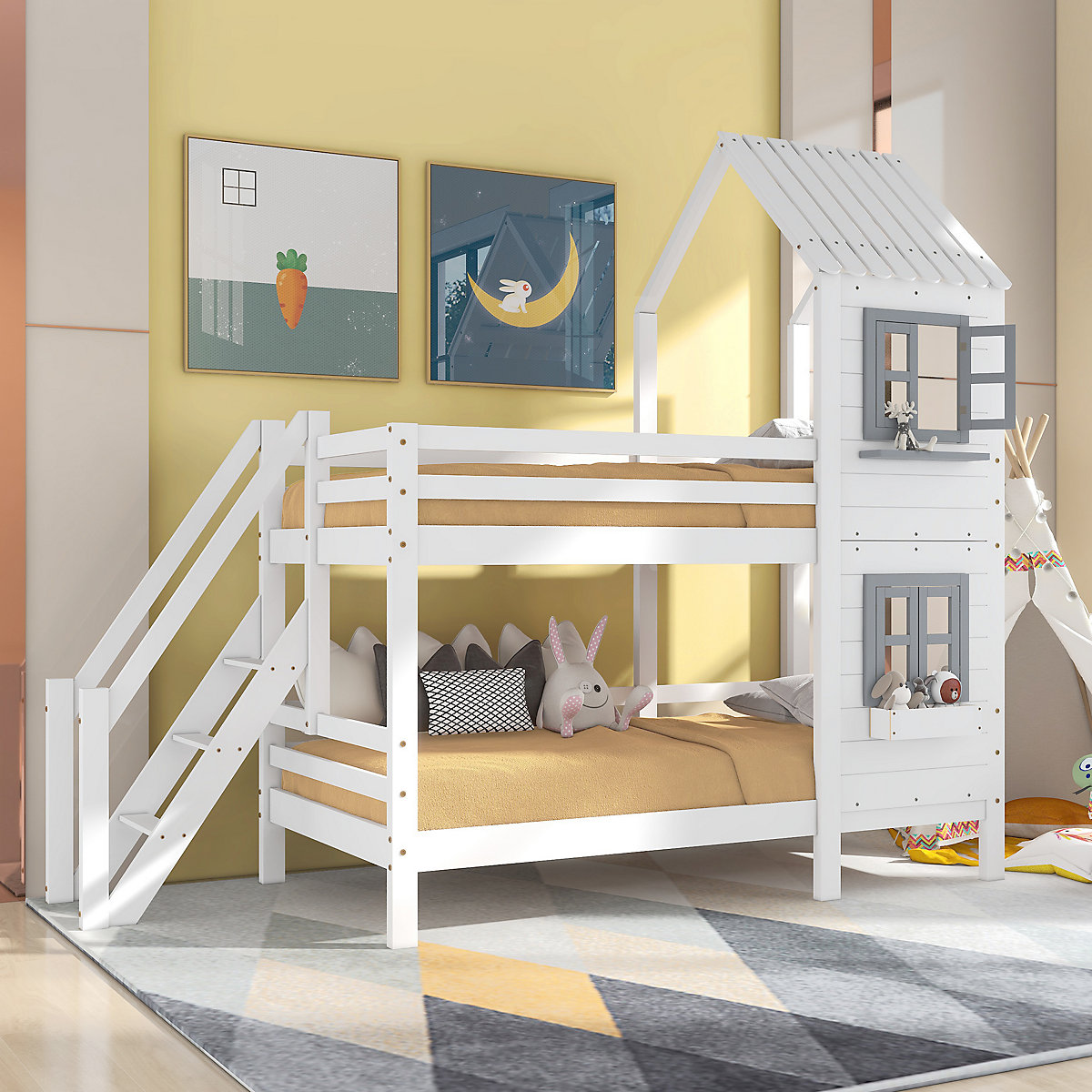 Etagenbett mit Handlauf und Fenster, Hausbett, Fallschutz und Gitter, Kiefer