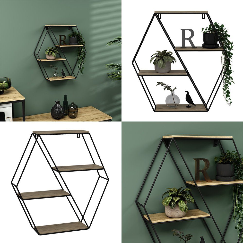 Vicco Wandregal Hängeregal hexagon FYRK Eiche/Schwarz