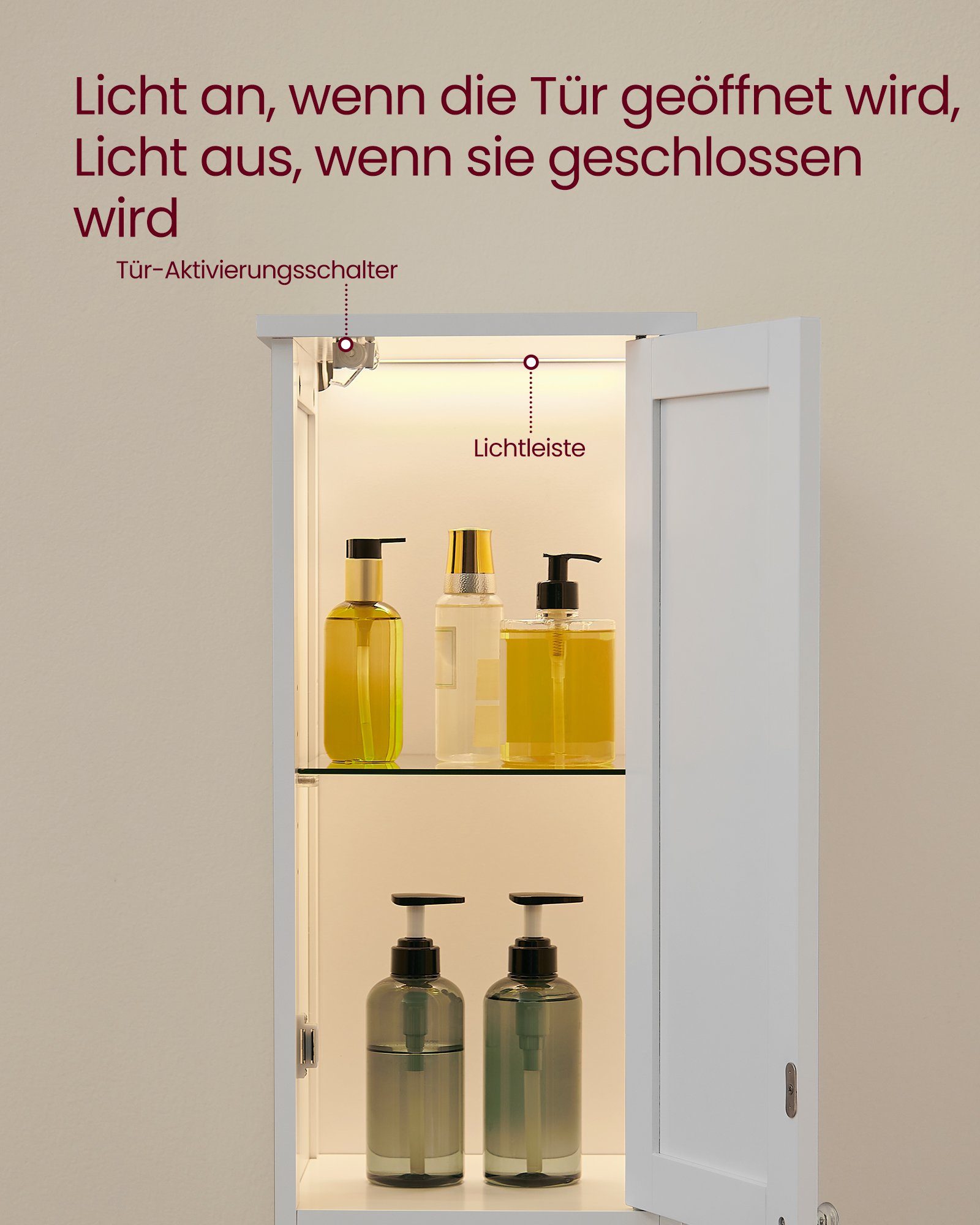 VASAGLE Badkommode, Badezimmerschrank mit Beleuchtung, verstellbaren Ablagen