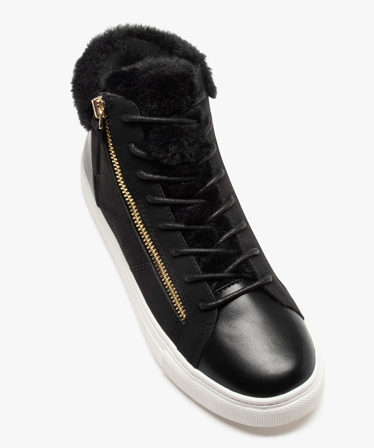 Baskets femme mid-cut unies à col fourré noir | GEMO