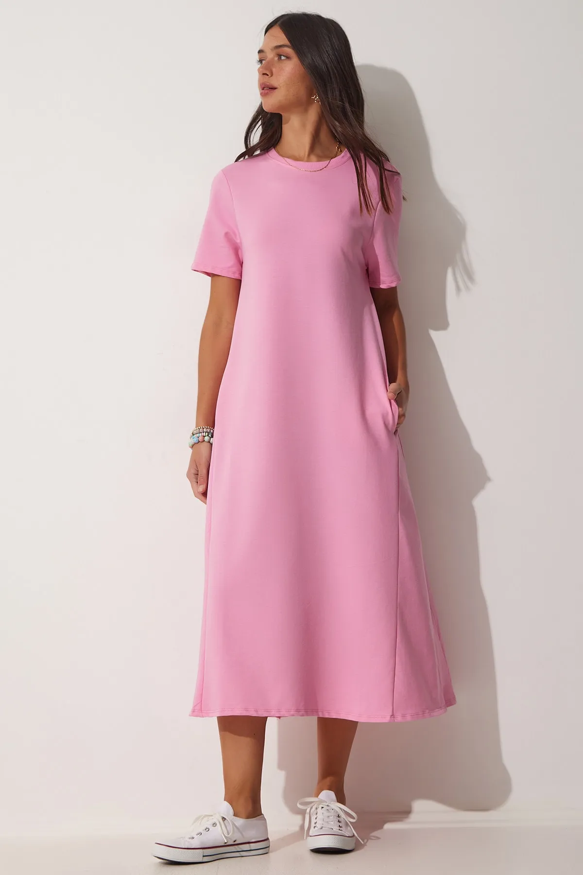 Happiness İstanbul  Rosafarbenes A-Linien-Sommerkleid aus gekämmter Baumwolle für Damen UB00060