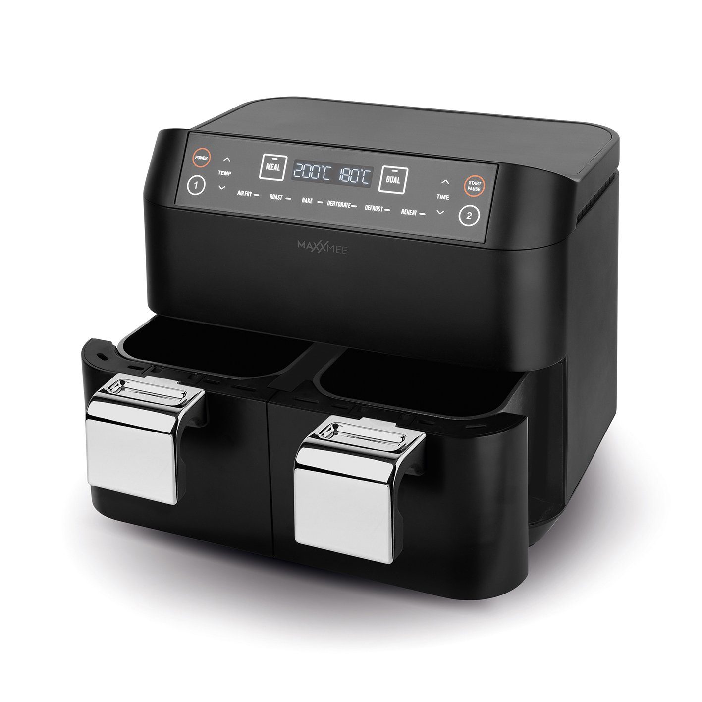 MAXXMEE Heißluftfritteuse Doppelkorb - 2x 3,8 l - 6 Programme Fritteuse, 2400 W, ohne Öl, 2 unanbhängige Garzonen