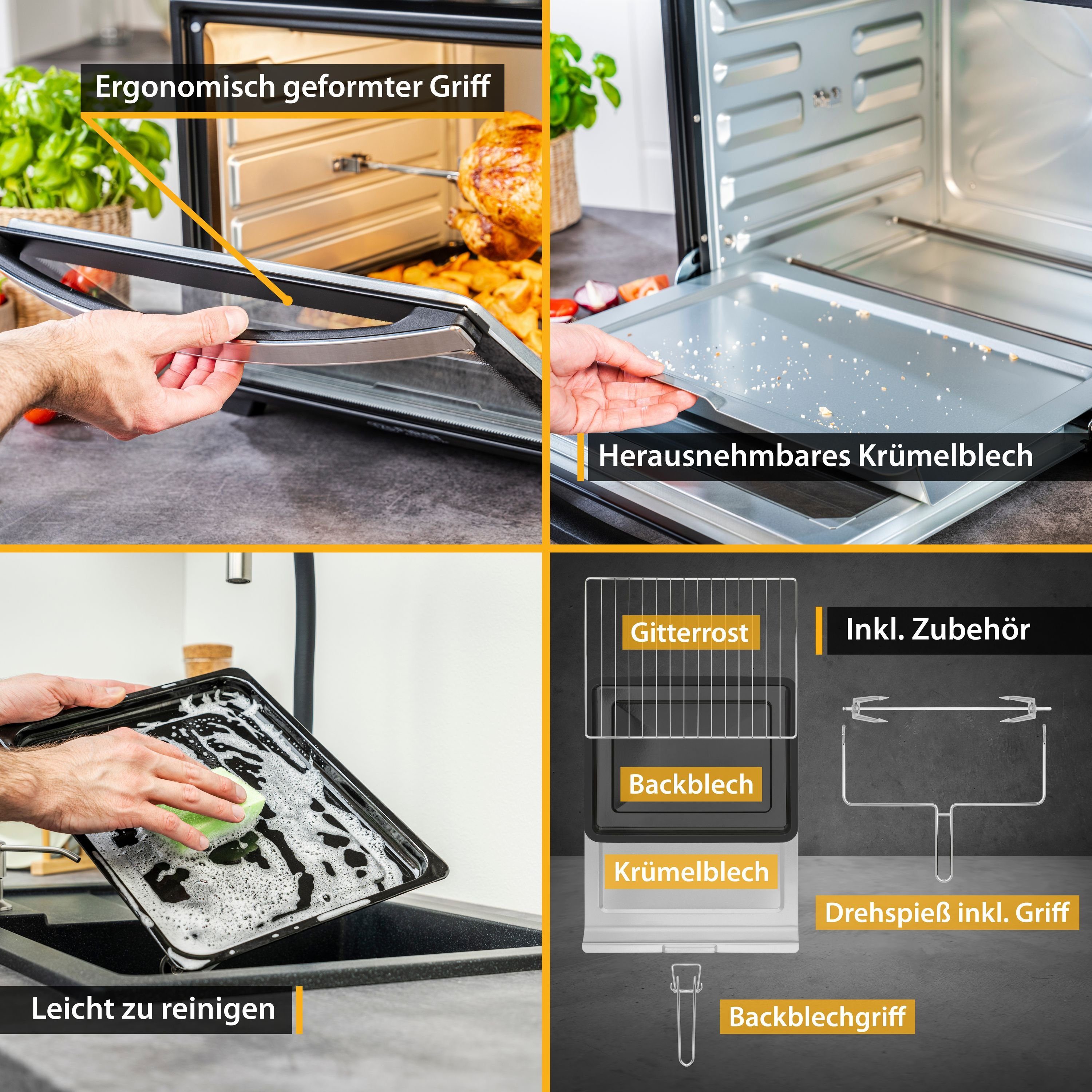 TZS FIRST AUSTRIA Minibackofen Mini-Backofen mit Umluft 45L, 2000W, Kochen, Backen, Hähnchengrill, Temperaturregler 100-230°, energieeffizient, Miniküche, Camping