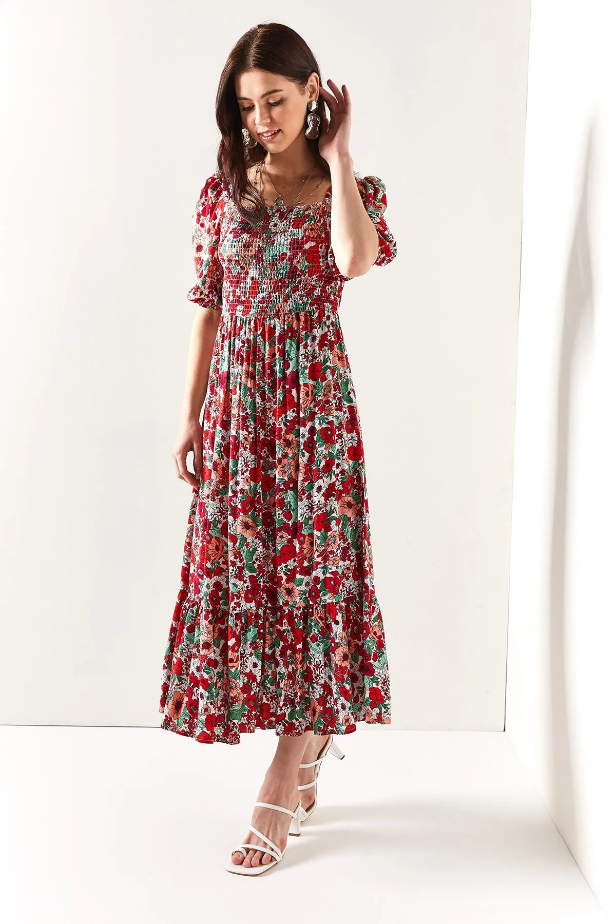 Olalook  Lässiges Kleid aus gewebter Viskose mit glitzerndem Rot-Mintgrün für Damen ELB-19001483
